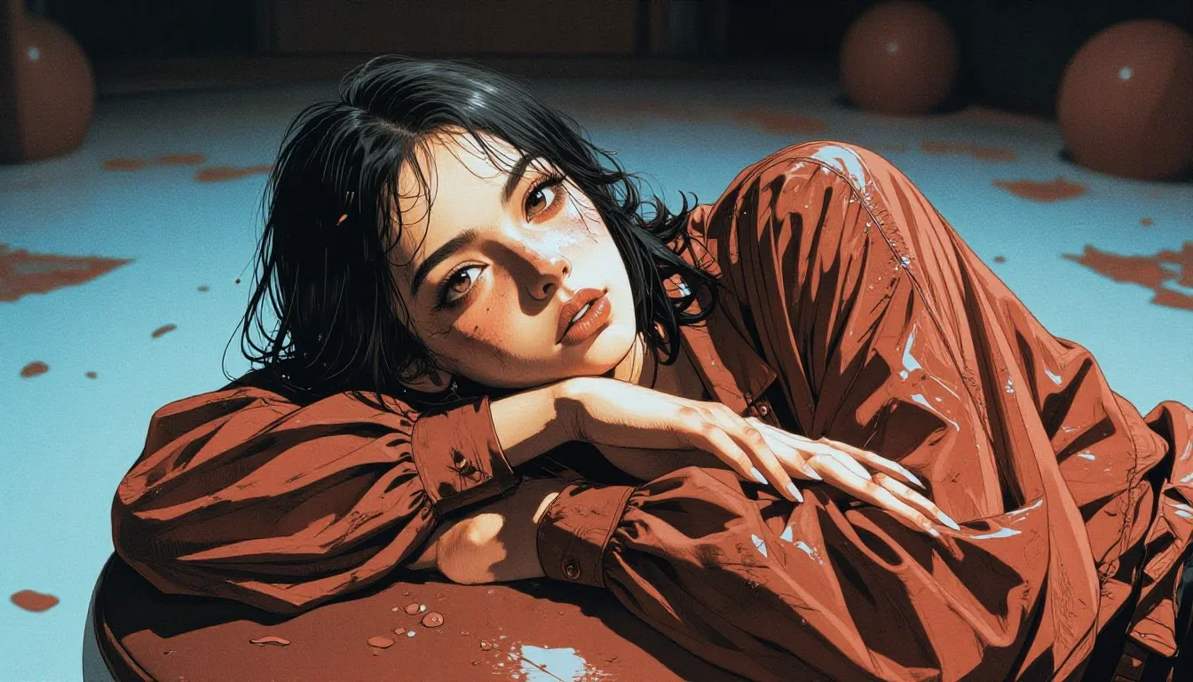 a streetwear influencer with wet-look hair reclining elegantly on a chaise, on a midnight dance floor, neo-noir cinemati