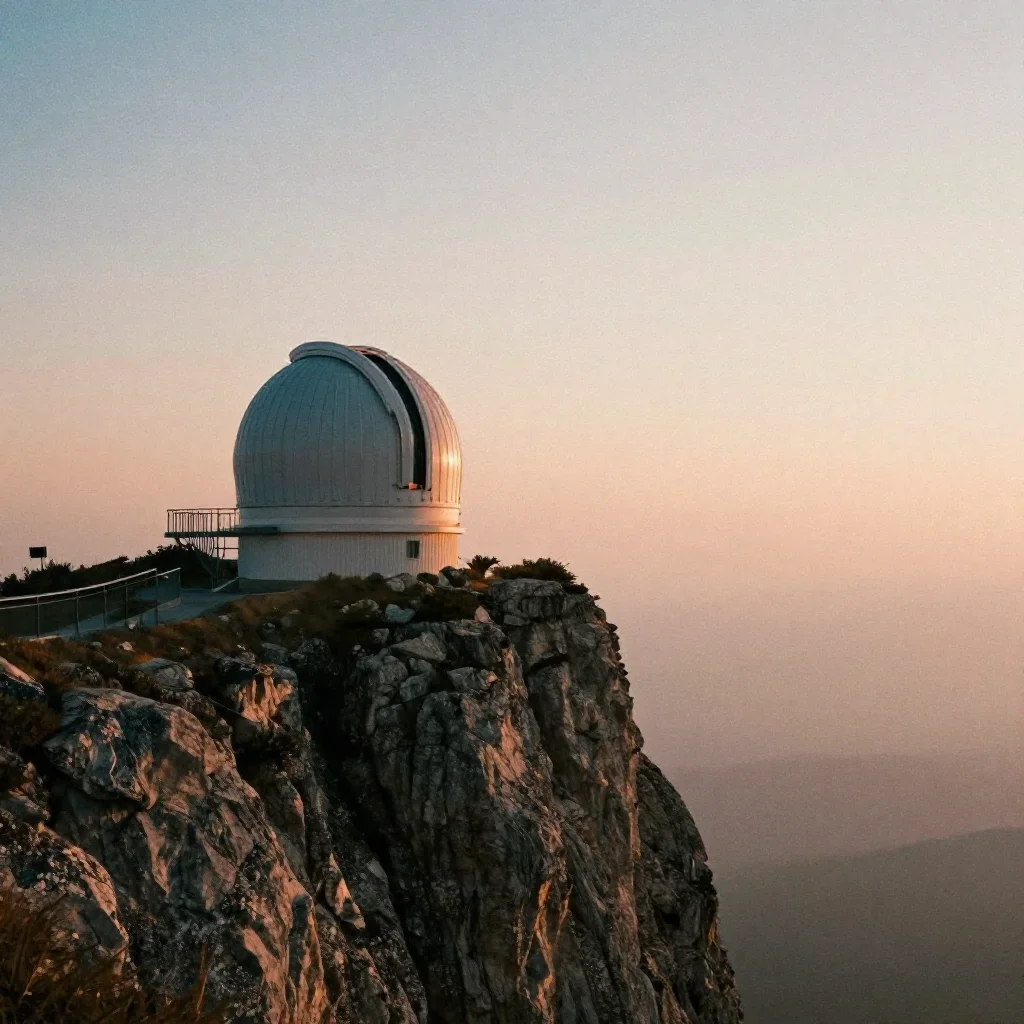 a cliffside observatory in quiet late-afternoon haze, soft-grain analog film photography, subtle film grain, ochre and u