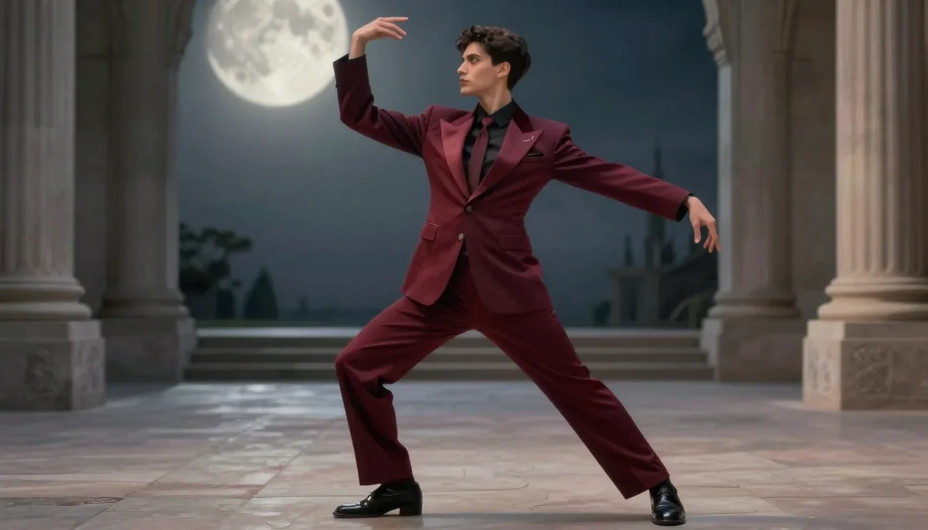 an androgynous model in a sharply tailored suit in a graceful contrapposto pose, in a moonlit palace courtyard, futurist