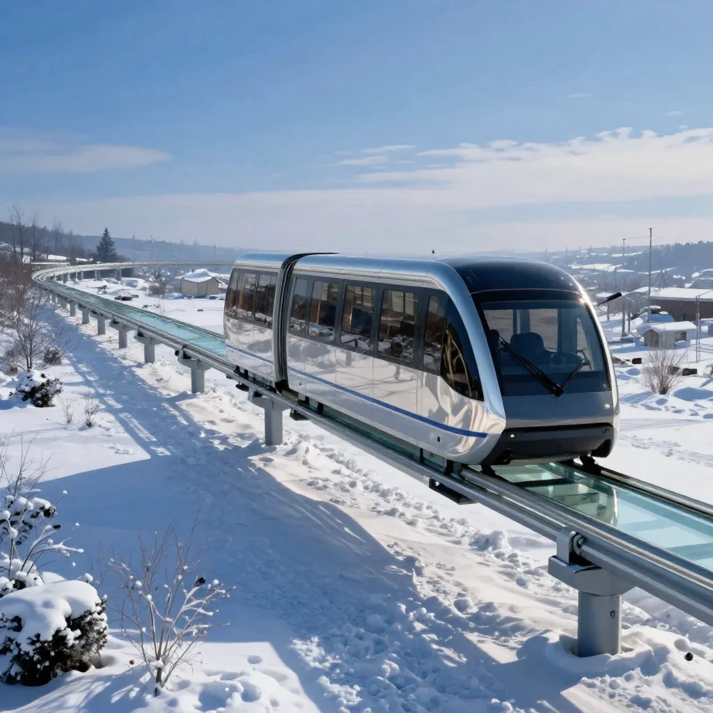 a glass monorail in crisp winter sunlight, museum-quality still-life photography, restrained color harmony, indigo and p