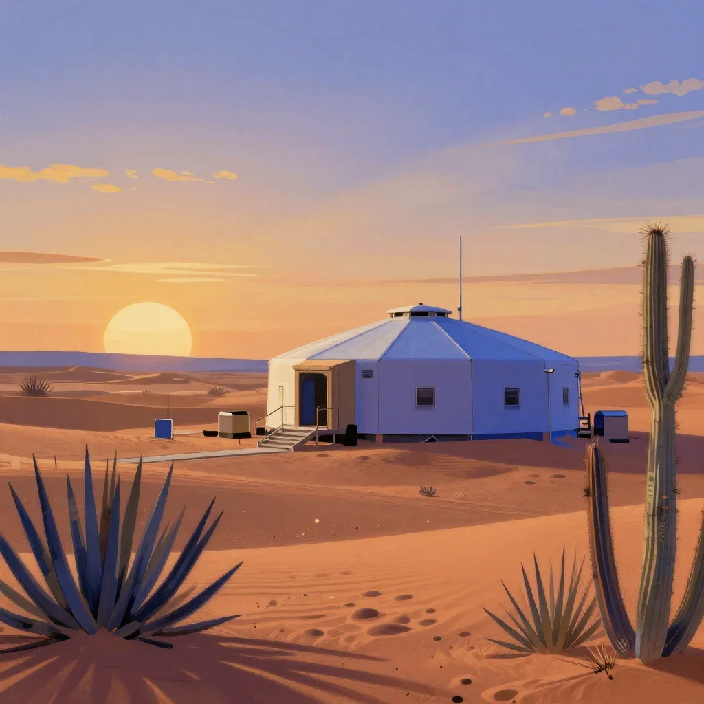 a desert research station during golden hour, contemporary botanical illustration, restrained color harmony, ochre and u
