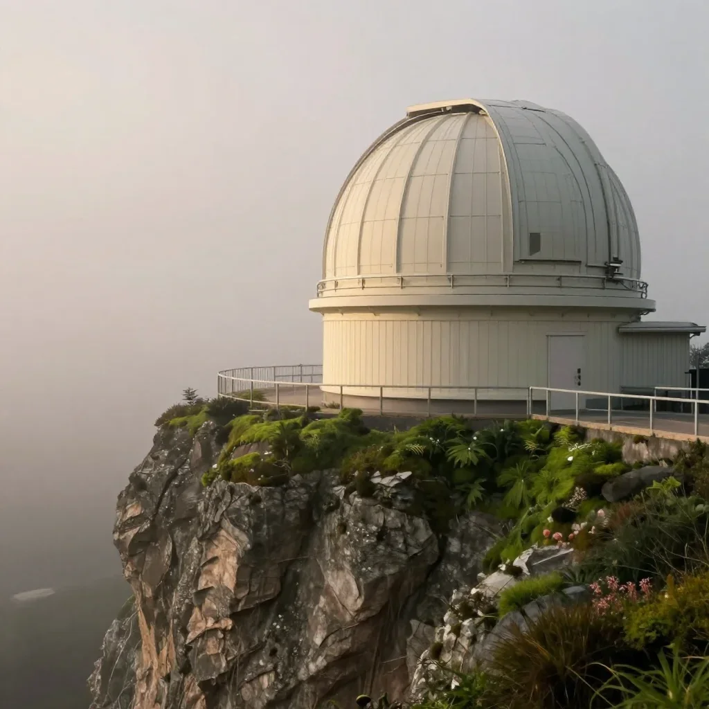 a cliffside observatory under soft dawn fog, museum-quality still-life photography, atmospheric depth, moss green and cr