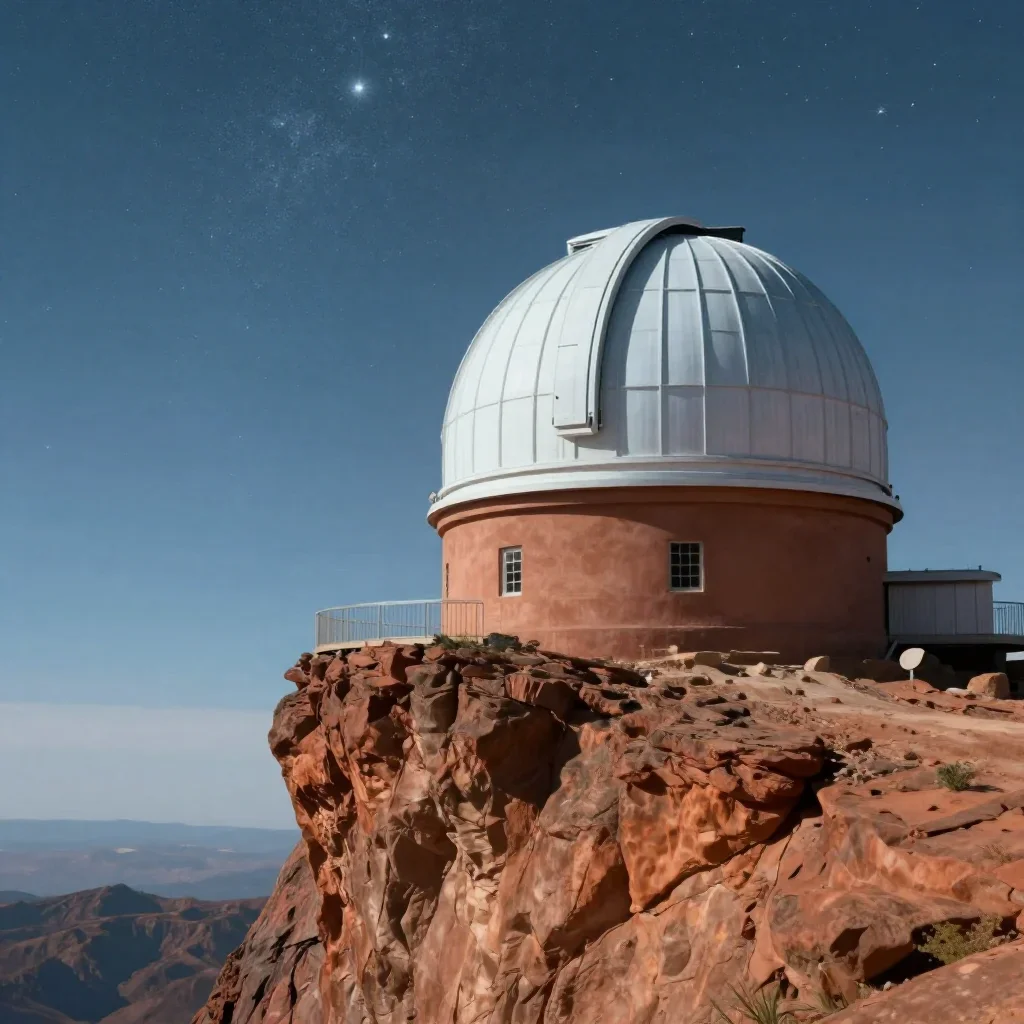 a cliffside observatory beneath a star-filled sky, quiet science-fiction concept art, crisp material detail, terracotta 