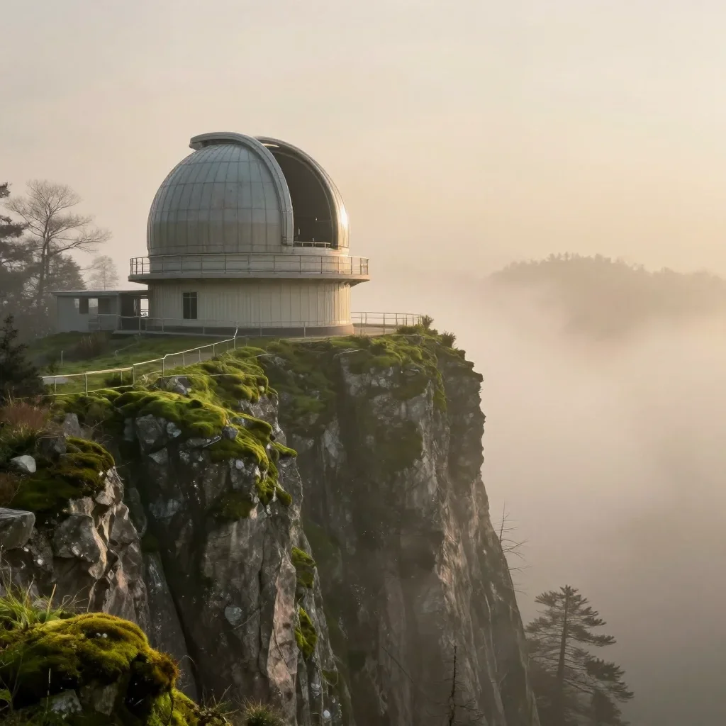 a cliffside observatory in early spring mist, quiet science-fiction concept art, gentle reflected light, moss green and