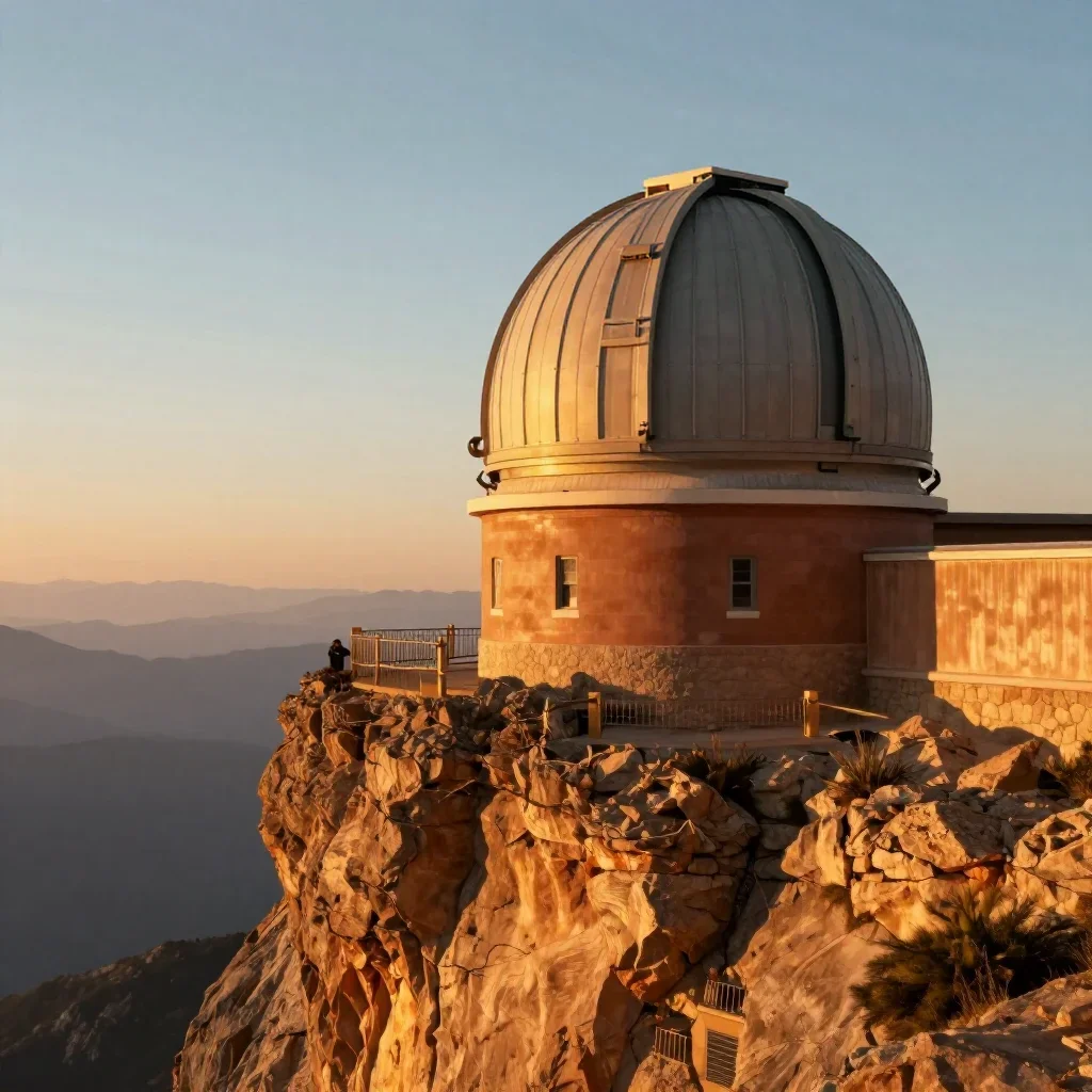 a cliffside observatory during golden hour, museum-quality still-life photography, atmospheric depth, terracotta and pal