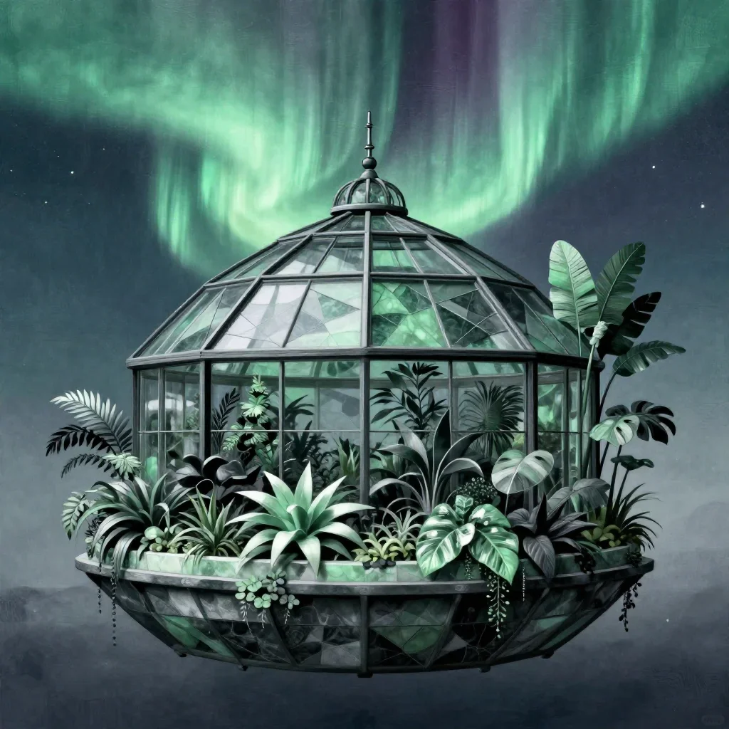 a floating botanical conservatory beneath an aurora, contemporary botanical illustration, careful geometric composition,