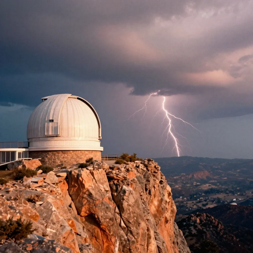 a cliffside observatory after a distant thunderstorm, soft-grain analog film photography, restrained color harmony, ochr