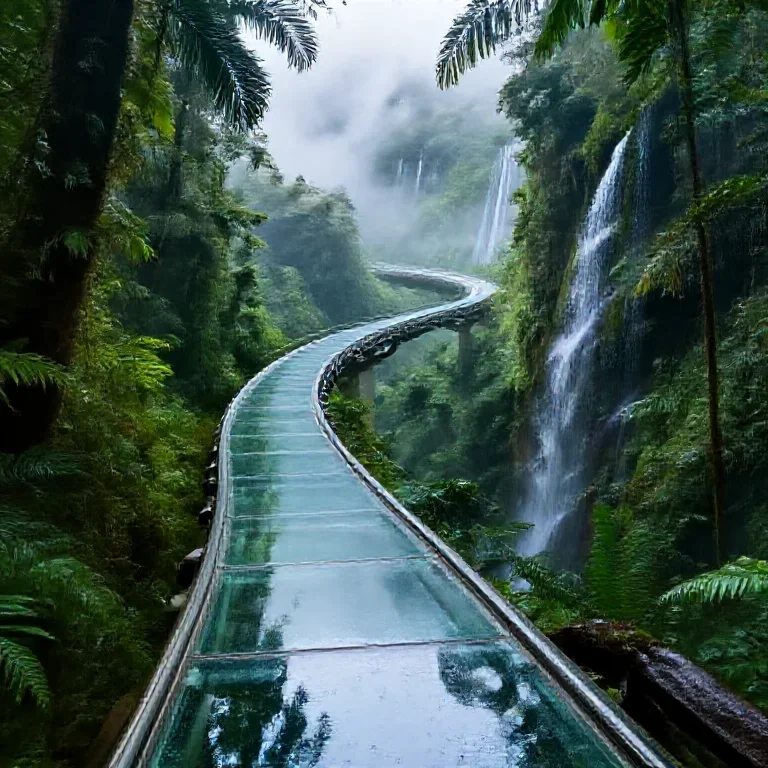 A glass monorail winding through a cloud forest, wet leaves and distant waterfalls, cinematic travel image, no text