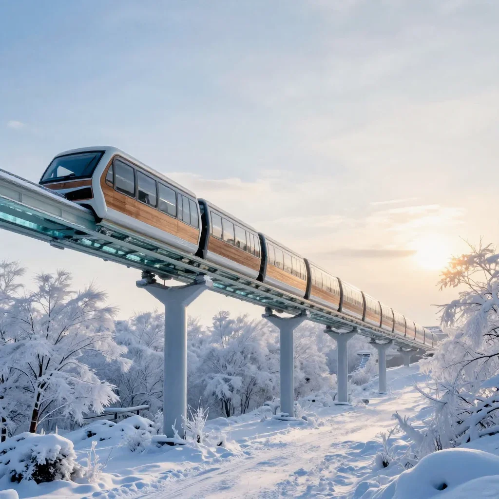 a glass monorail in crisp winter sunlight, dreamlike fine-art landscape photography, clean natural textures, ice blue an