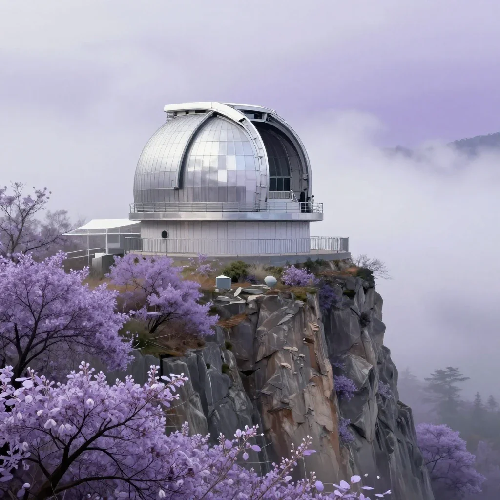 a cliffside observatory in early spring mist, contemporary botanical illustration, careful geometric composition, lavend