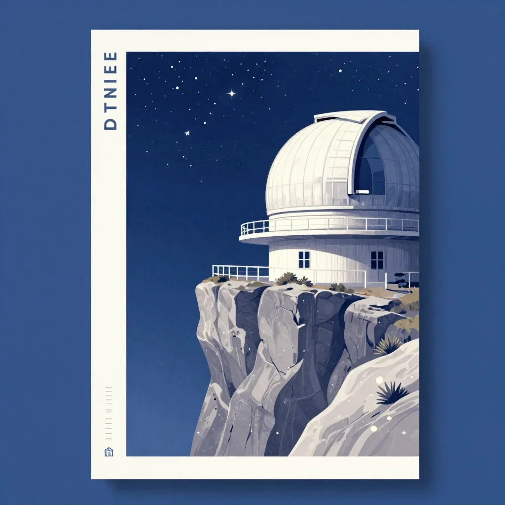 a cliffside observatory beneath a star-filled sky, modernist poster illustration, restrained color harmony, indigo and p