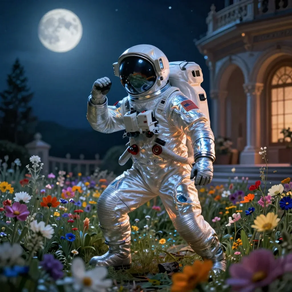 an astronaut in a reflective bodysuit among wildflowers in a low lunge with a lifted chin, in a moonlit palace courtyard