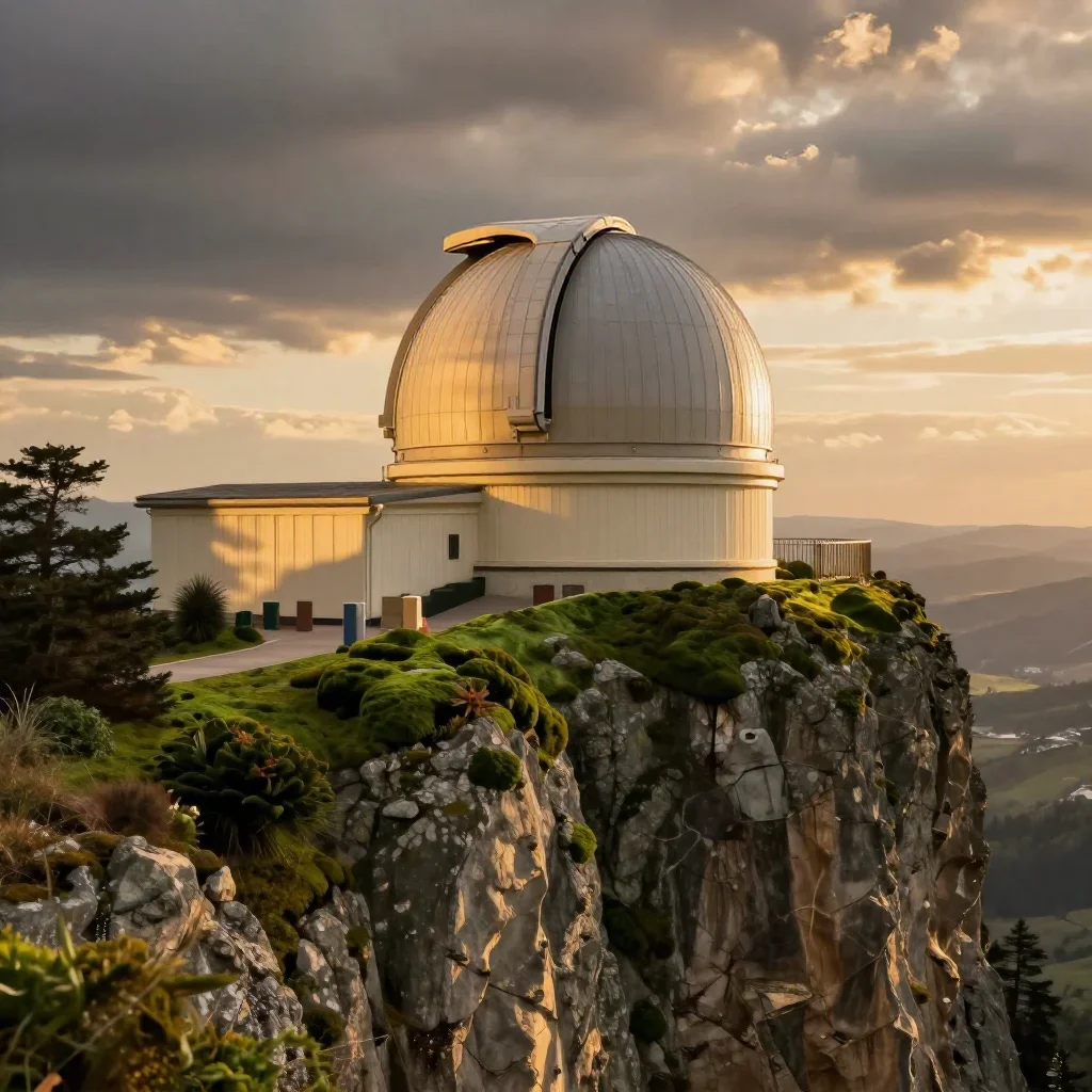 a cliffside observatory during golden hour, museum-quality still-life photography, atmospheric depth, moss green and cre