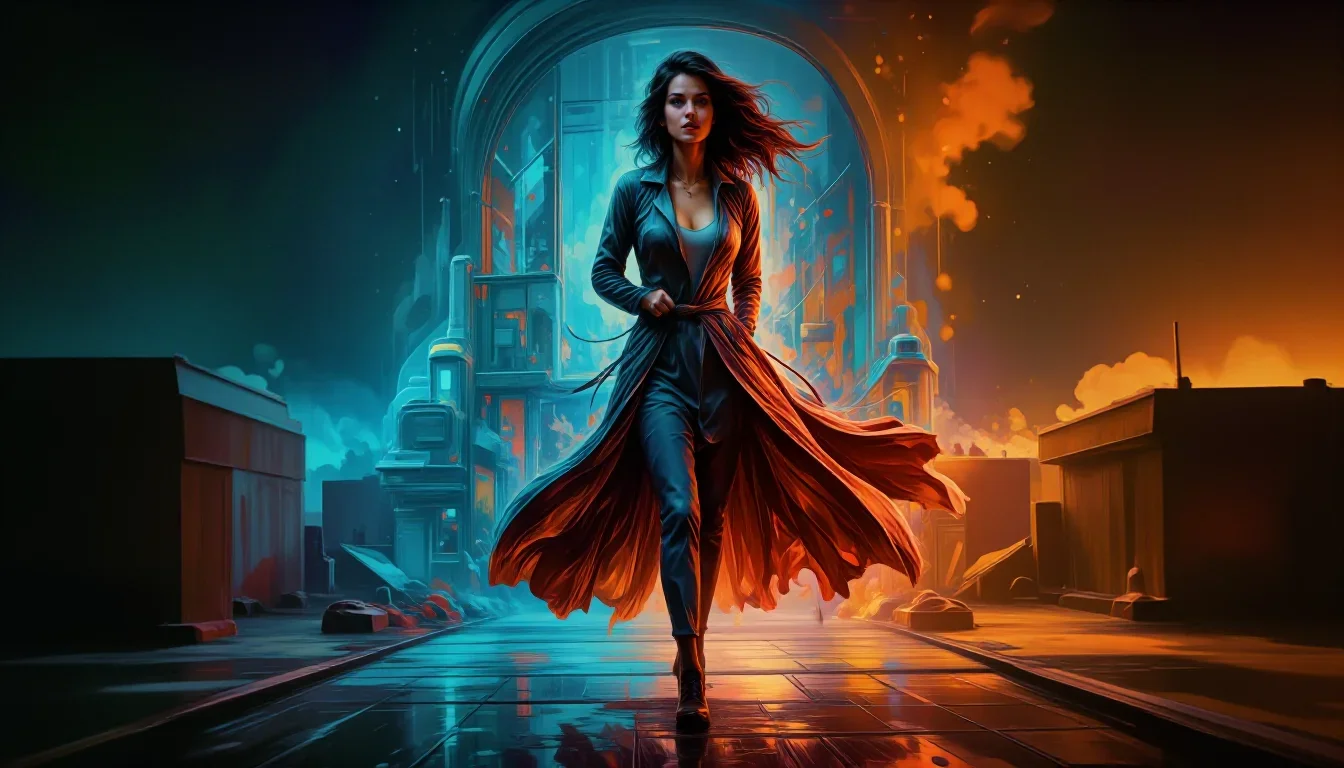 a noir detective's femme fatal muse in a trench coat in a confident cinematic stride, on a neon-lit rooftop at midnight,