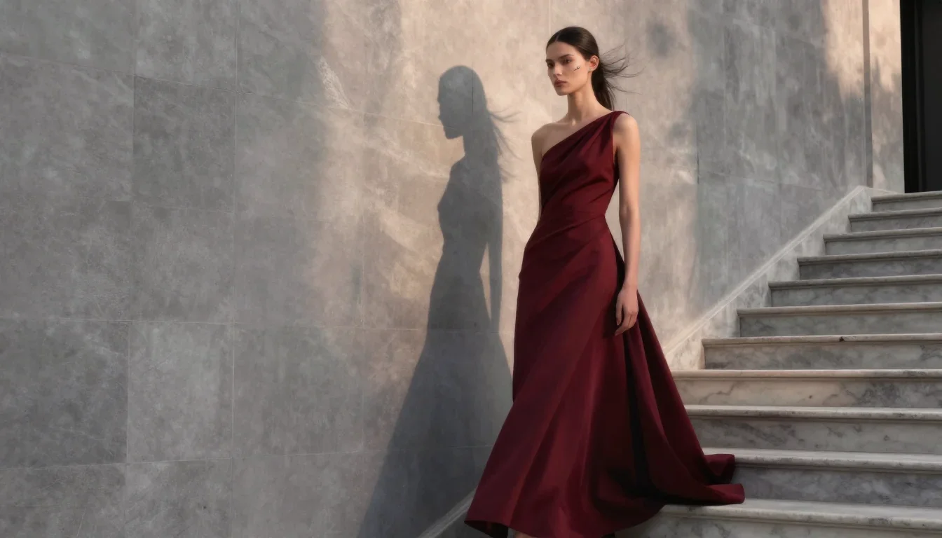 a couture catwalk muse with razor cheekbones in a wind-swept lean against a wall, on a marble staircase at dawn, high-fa