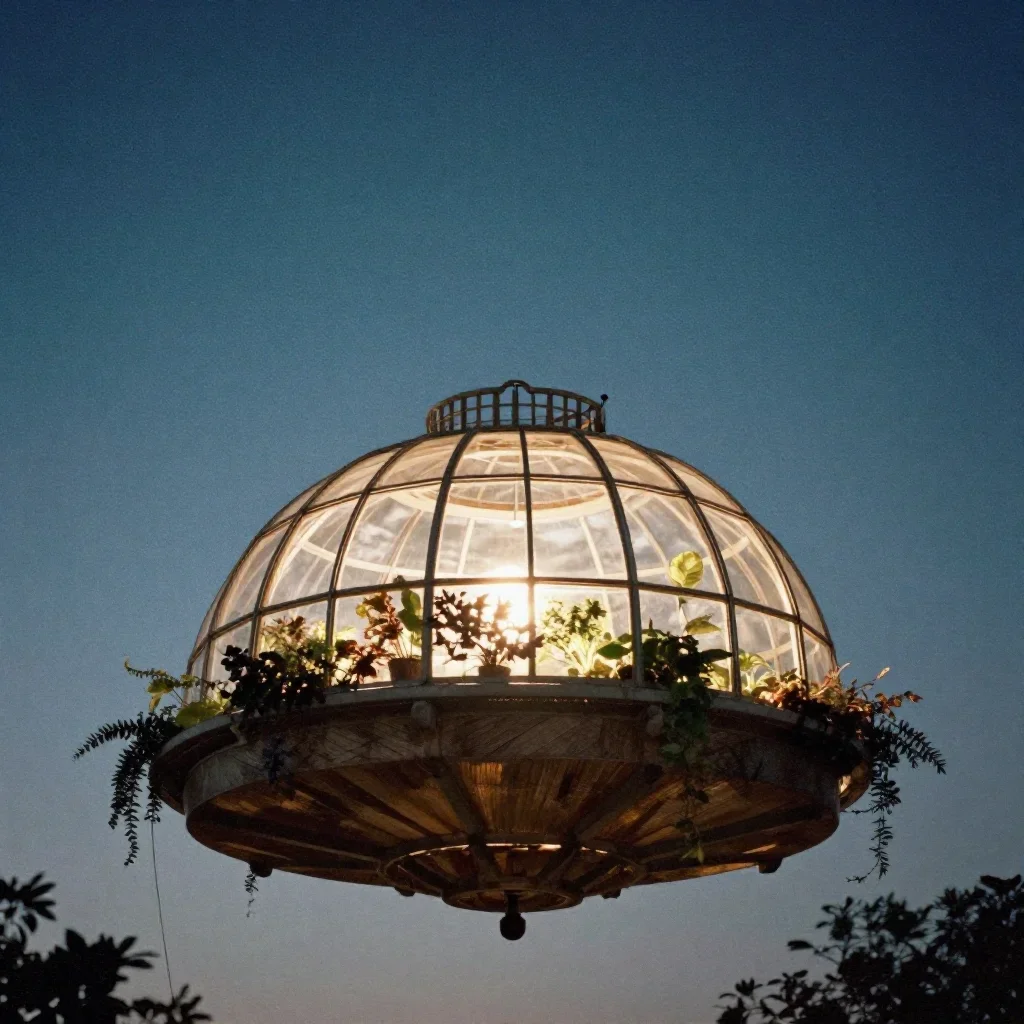 a floating botanical conservatory beneath a star-filled sky, soft-grain analog film photography, atmospheric depth, ice 