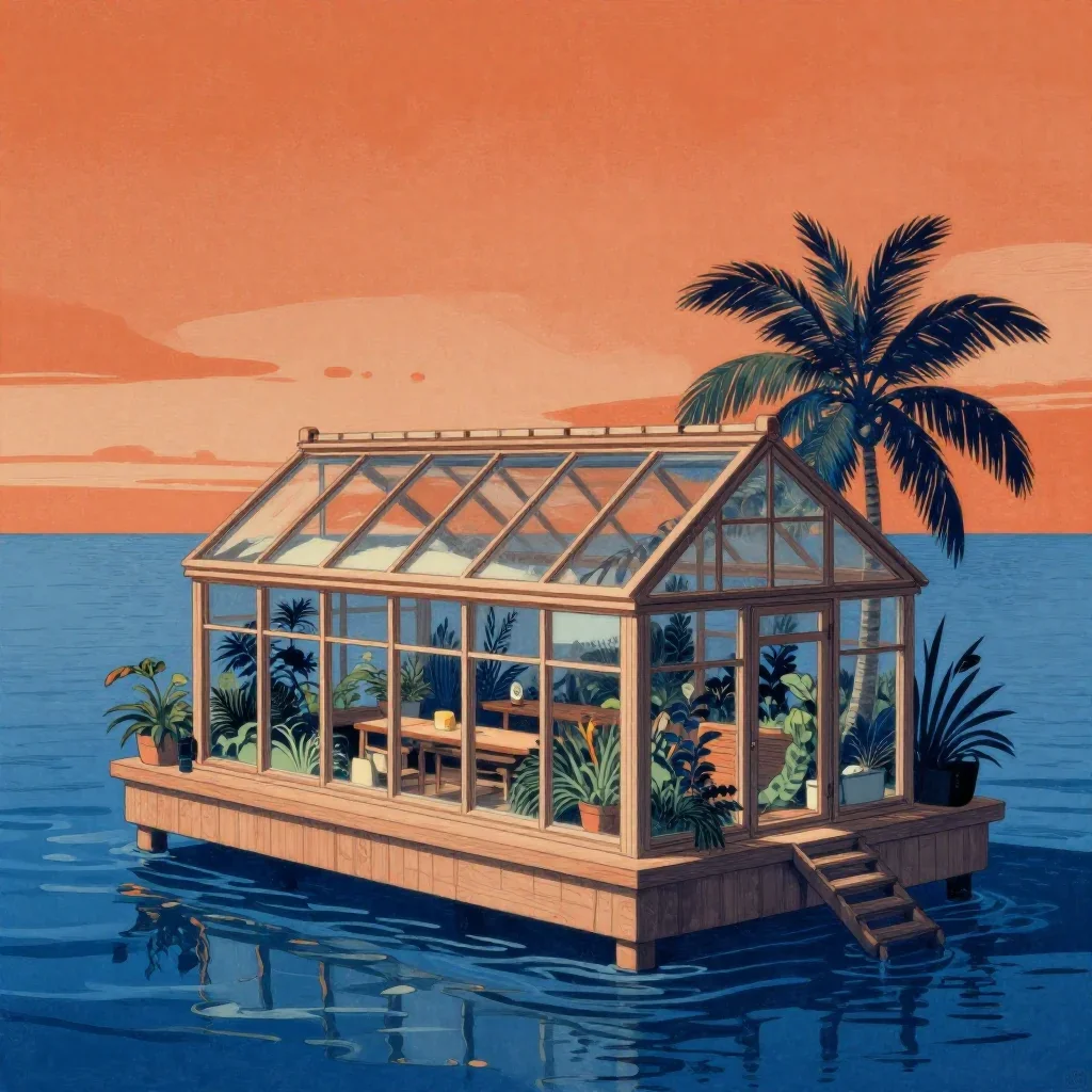 a floating botanical conservatory in a gentle sea breeze, Japanese woodblock-inspired editorial art, restrained color ha