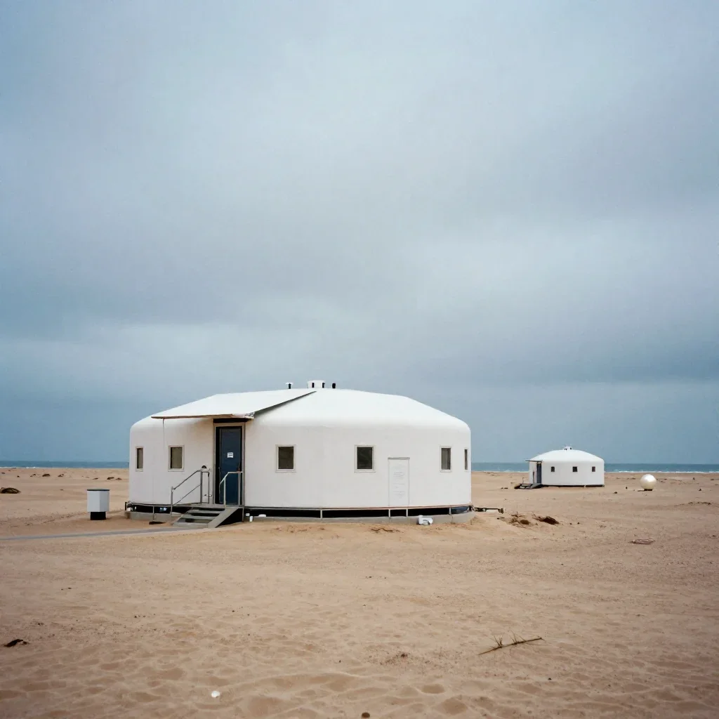 a desert research station under overcast coastal light, refined editorial travel photography, subtle film grain, indigo 