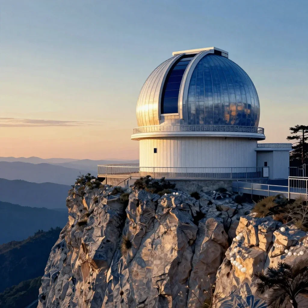 a cliffside observatory during golden hour, Japanese woodblock-inspired editorial art, clean natural textures, indigo an
