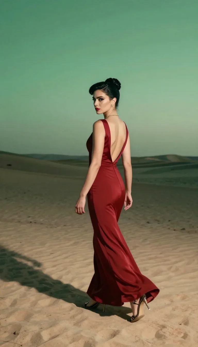 a femme fatale in a crimson backless gown in a confident cinematic stride, in a silent desert at twilight, Vogue-style s