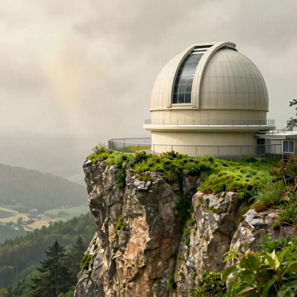 a cliffside observatory after warm summer rain, quiet science-fiction concept art, clean natural textures, moss green an
