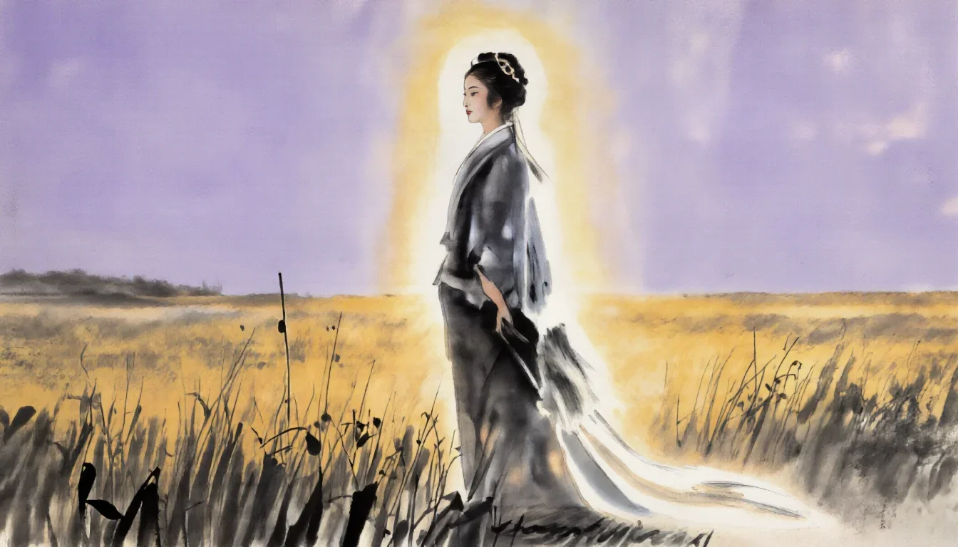 a spectral fox-spirit woman in an ink wash standing tall with hands in pockets, in a backlit golden-hour field, Renaissa