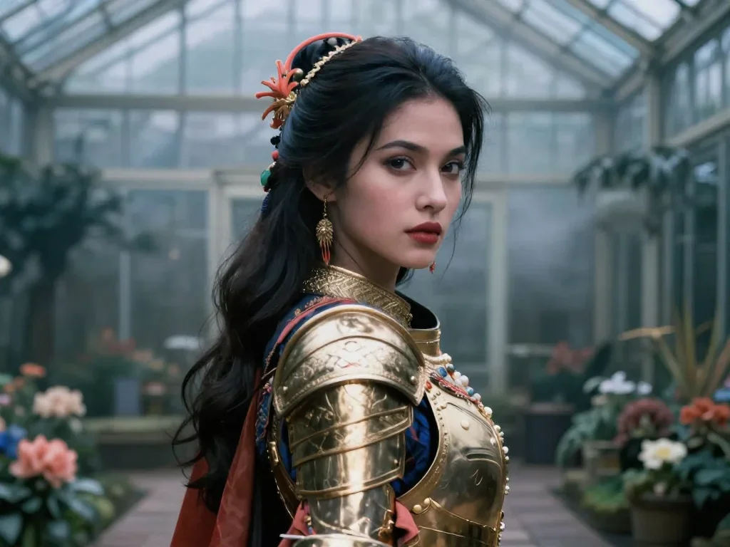 a warrior queen in ornate gilded armor in an alluring over-the-shoulder glance, in a greenhouse humid with mist, moody F