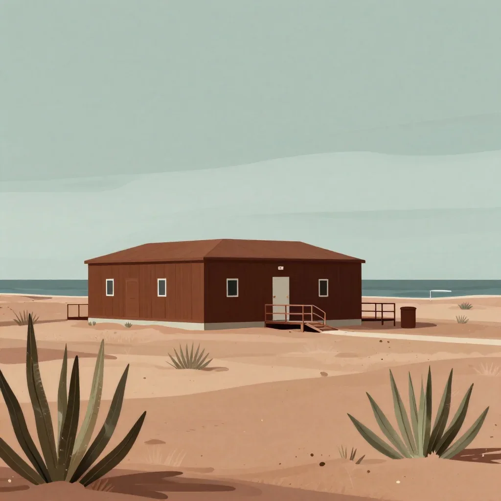 a desert research station under overcast coastal light, contemporary botanical illustration, restrained color harmony, r