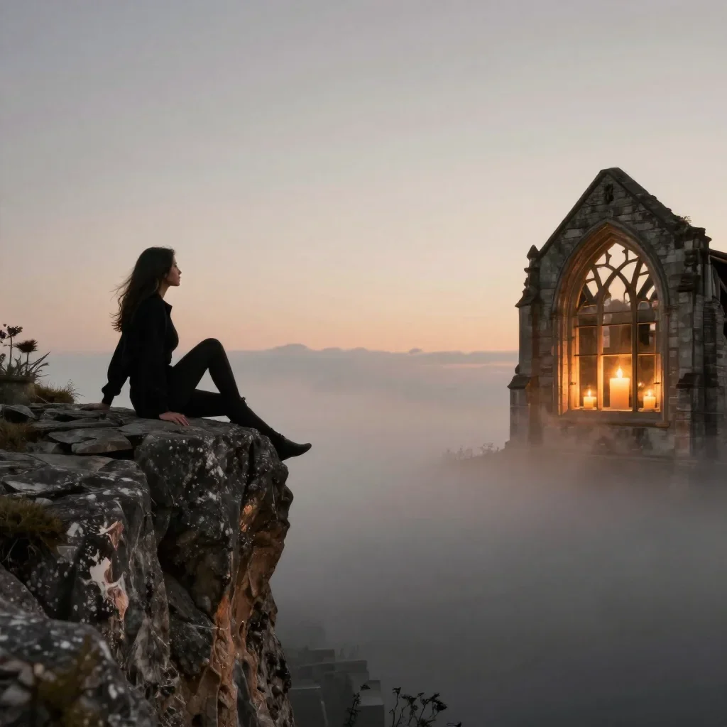 a travel influencer posing on a cliffside at golden hour in a seated silhouette against a window, in a candle-lit cathed