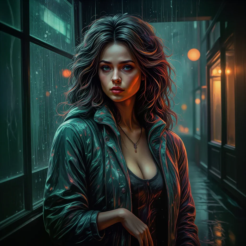 a lover leaning against rain-streaked glass in a gentle reach toward the lens, in a rain-slick neon alley, Renaissance c