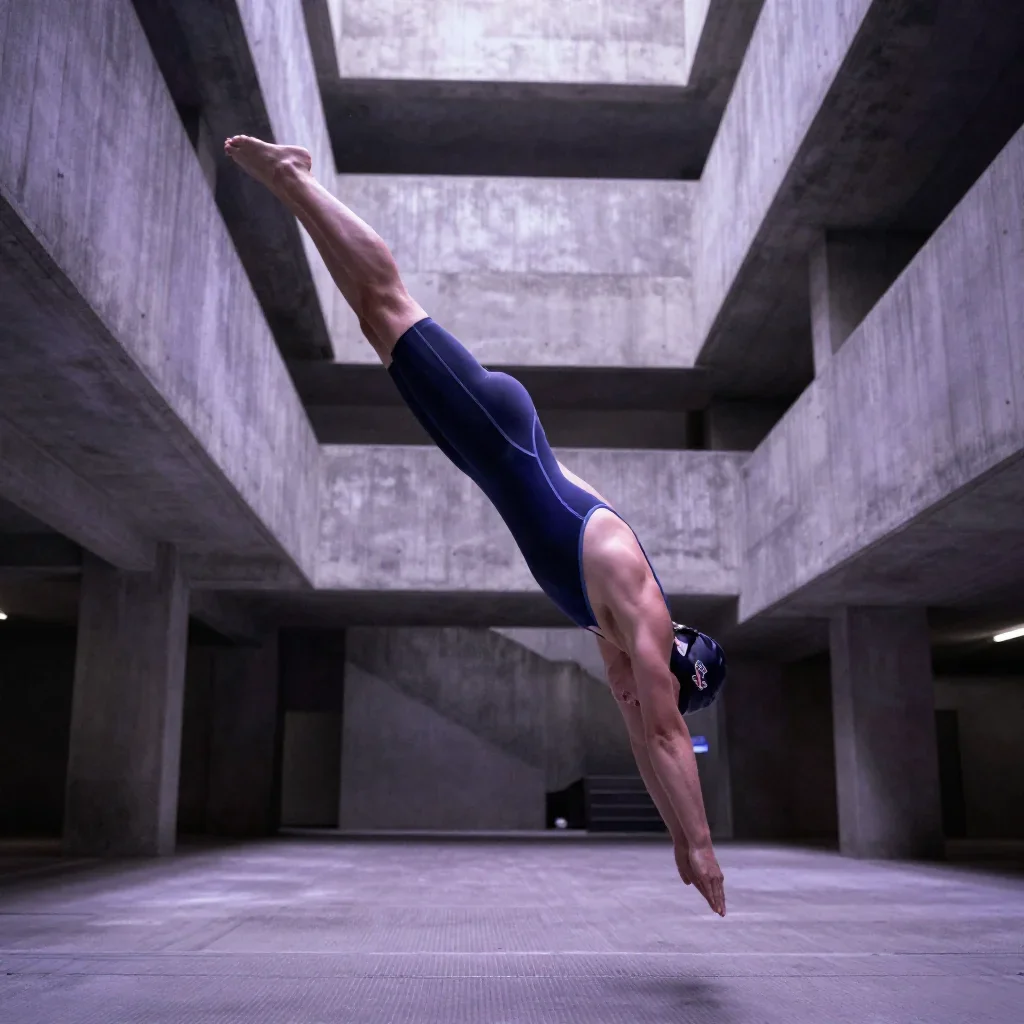 a swimmer before the plunge in a racing suit in a graceful contrapposto pose, in a brutalist concrete atrium, moody Fuji