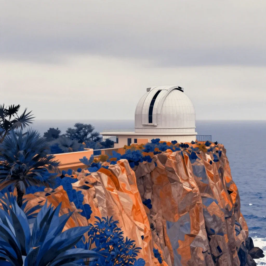 a cliffside observatory under overcast coastal light, contemporary botanical illustration, atmospheric depth, ochre and 