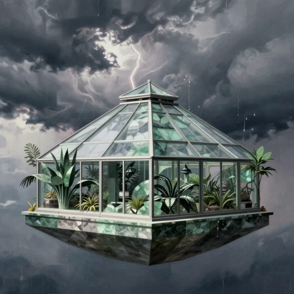 a floating botanical conservatory after a distant thunderstorm, contemporary botanical illustration, careful geometric c
