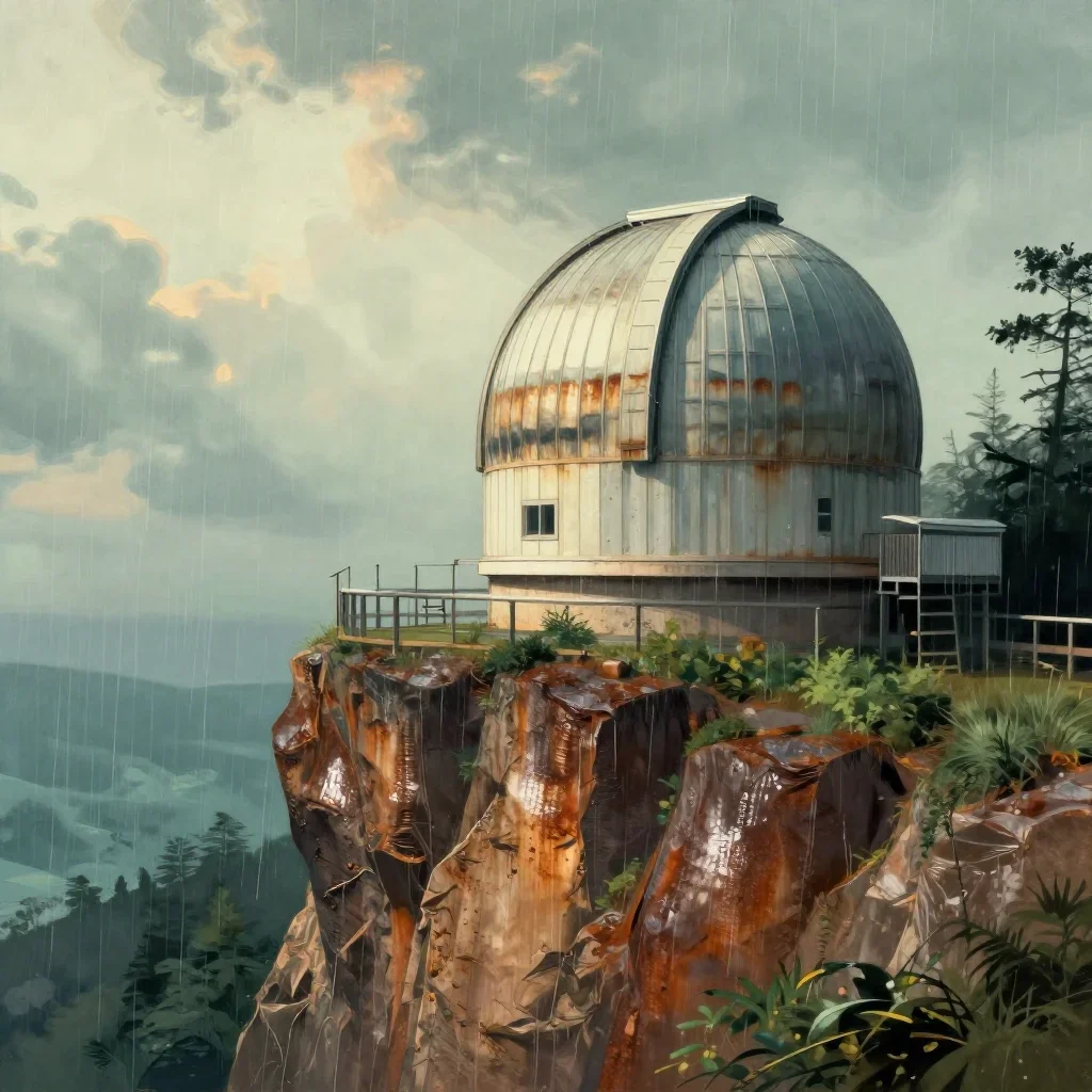 a cliffside observatory after warm summer rain, Japanese woodblock-inspired editorial art, gentle reflected light, rust 
