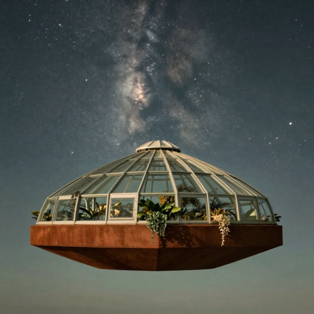 a floating botanical conservatory beneath a star-filled sky, refined editorial travel photography, calm negative space,