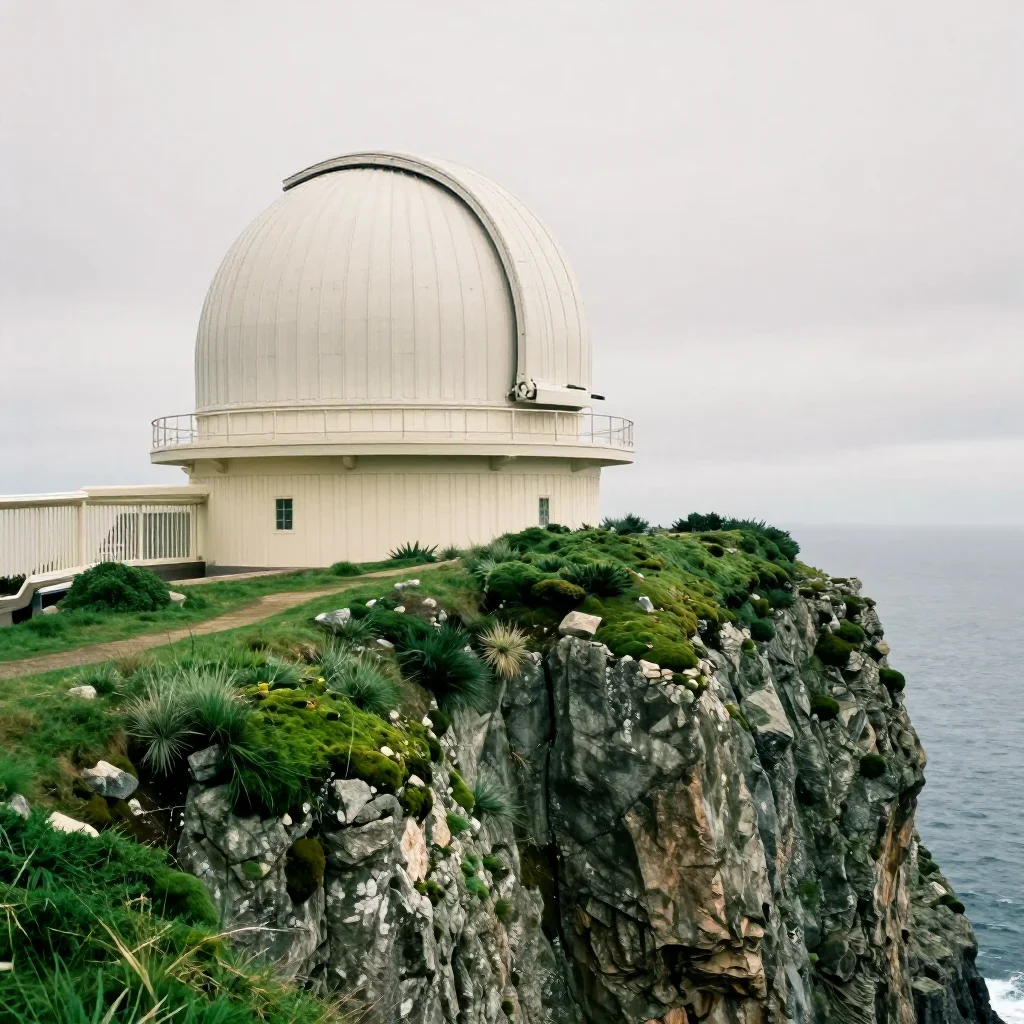 a cliffside observatory under overcast coastal light, refined editorial travel photography, careful geometric compositio