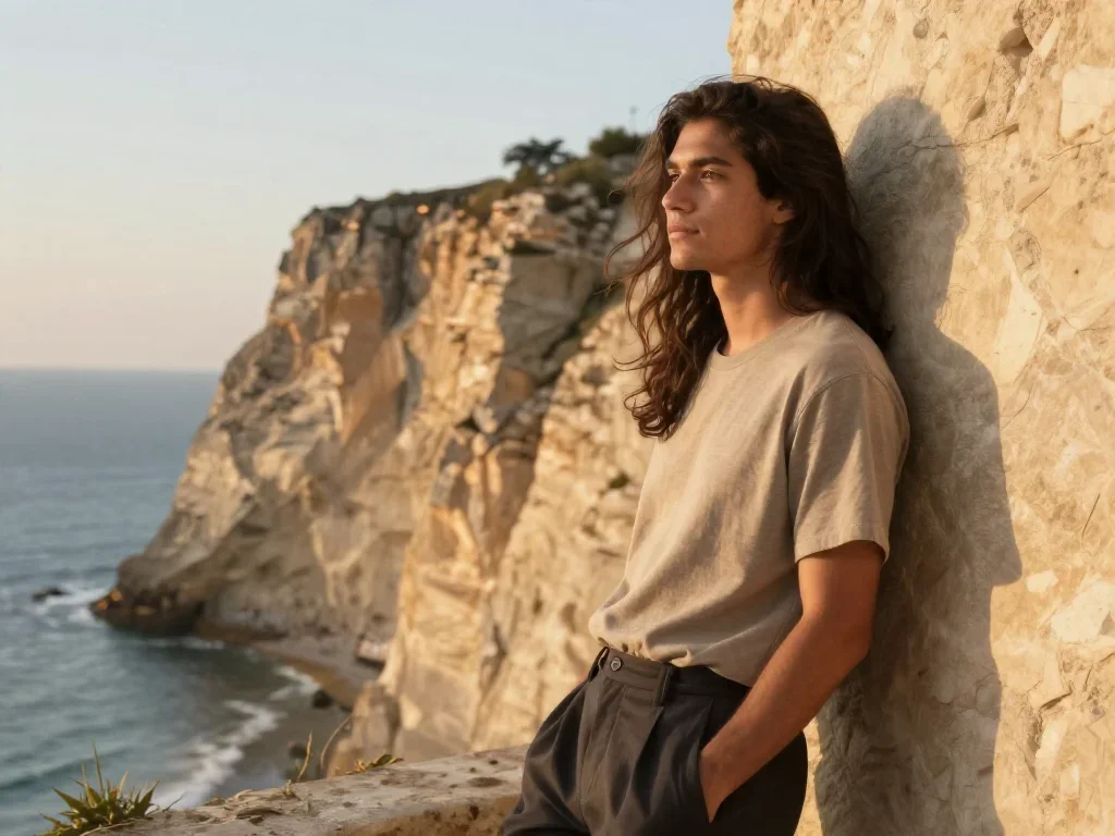 a travel influencer posing on a cliffside at golden hour in a wind-swept lean against a wall, on a sun-drenched cliffsid