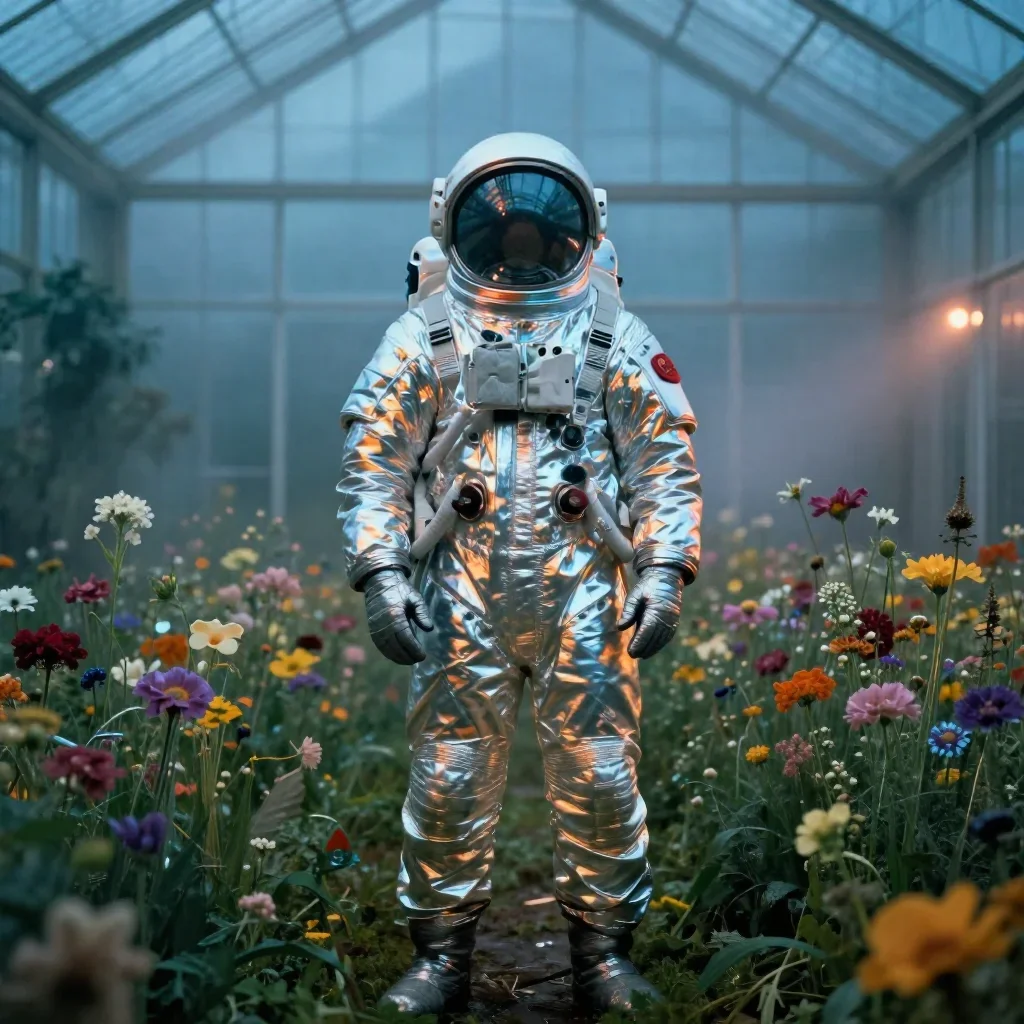 an astronaut in a reflective bodysuit among wildflowers standing tall with hands in pockets, in a greenhouse humid with