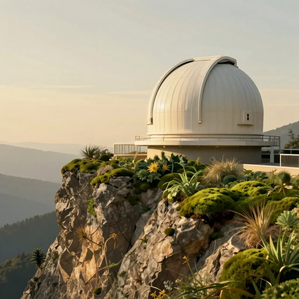 a cliffside observatory during golden hour, contemporary botanical illustration, restrained color harmony, moss green an