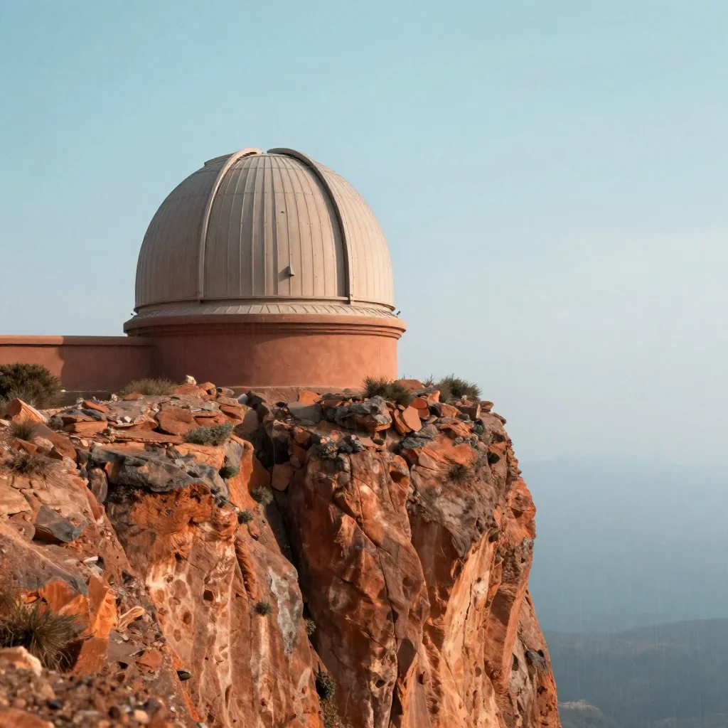 a cliffside observatory after warm summer rain, high-end design magazine photography, restrained color harmony, terracot