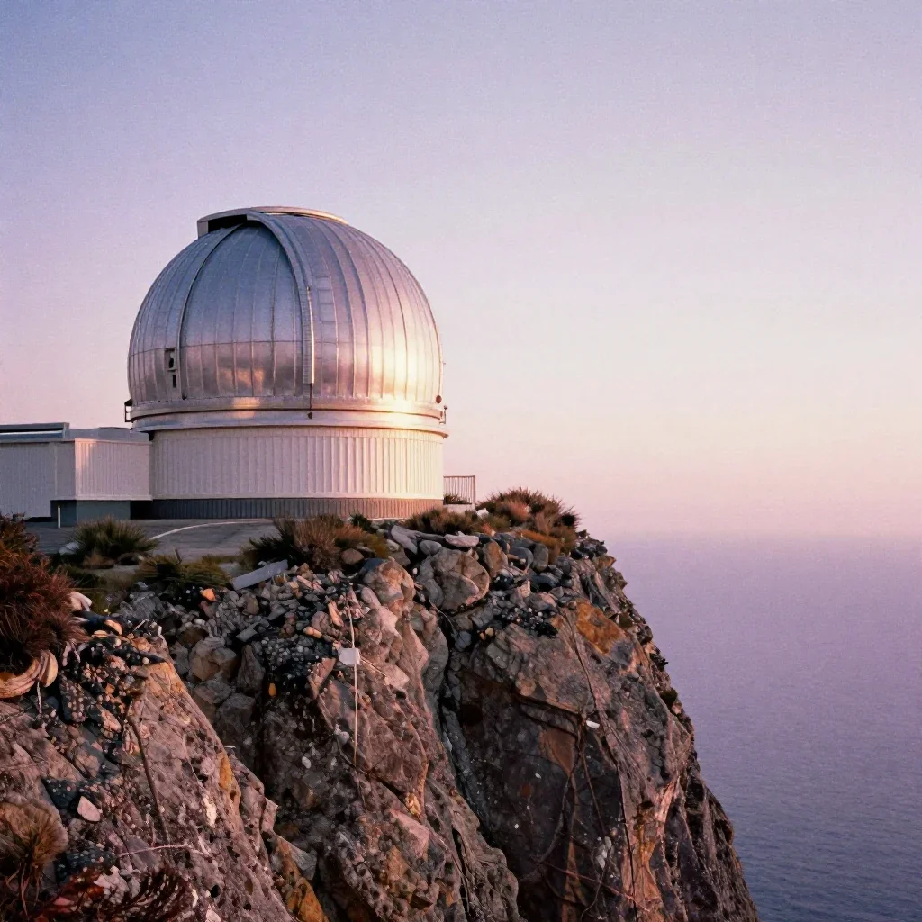 a cliffside observatory during golden hour, soft-grain analog film photography, subtle film grain, lavender and silver p