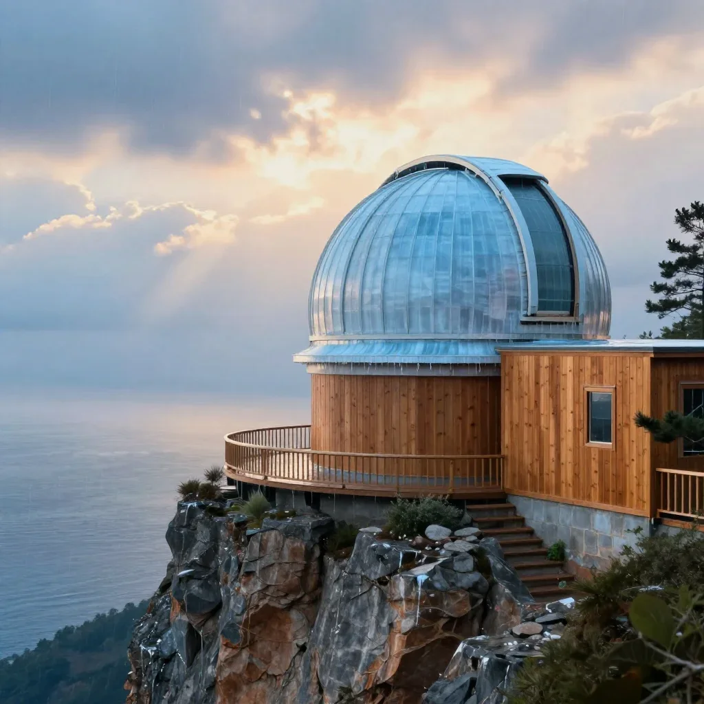 a cliffside observatory after warm summer rain, cinematic architectural photography, soft volumetric light, ice blue and