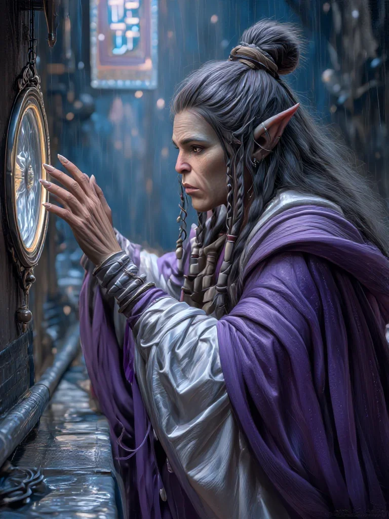 a sorceress in a star-lit midnight cloak in a gentle reach toward the lens, in a rain-slick neon alley, Renaissance chia