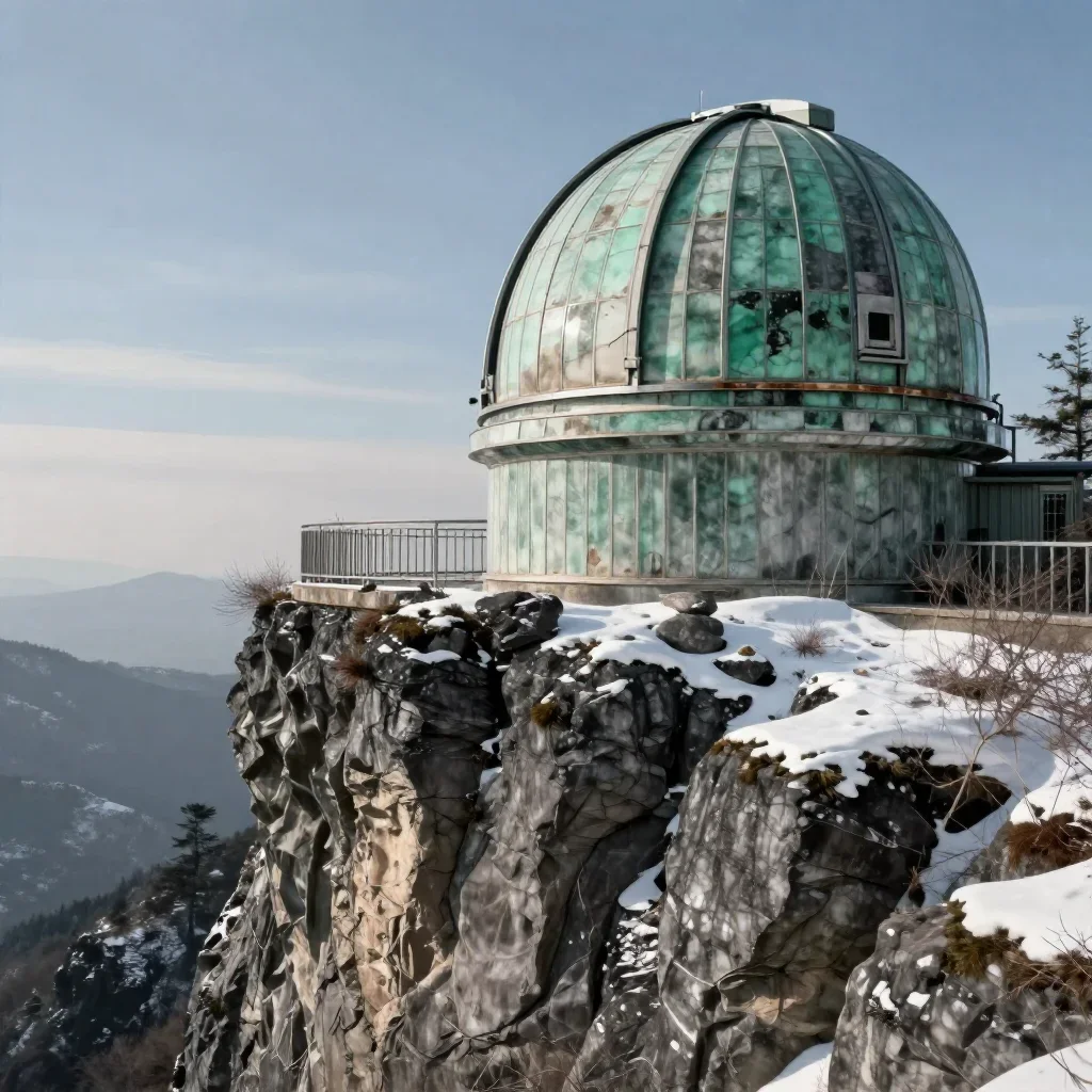 a cliffside observatory in crisp winter sunlight, dreamlike fine-art landscape photography, weathered tactile surfaces, 