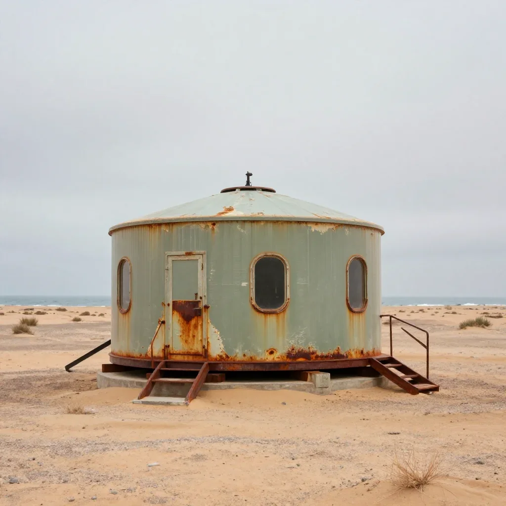 a desert research station under overcast coastal light, refined editorial travel photography, weathered tactile surfaces