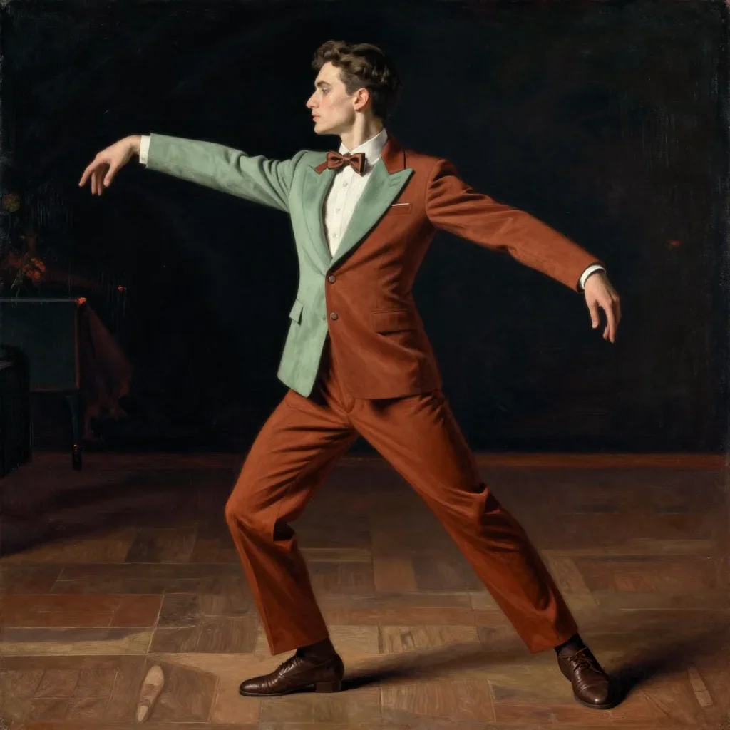 an androgynous model in a sharply tailored suit in a graceful contrapposto pose, on a midnight dance floor, Renaissance 
