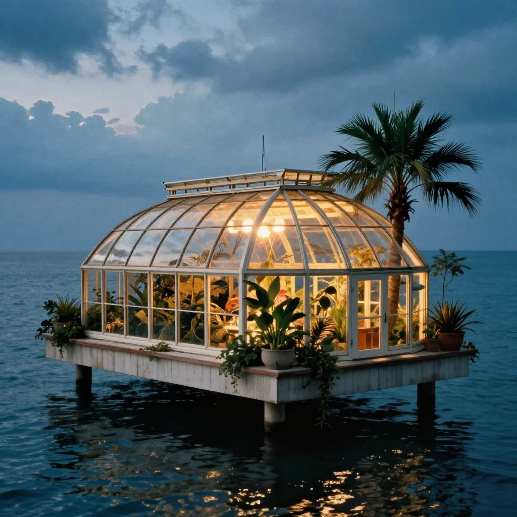 a floating botanical conservatory in a gentle sea breeze, refined editorial travel photography, subtle film grain, cobal