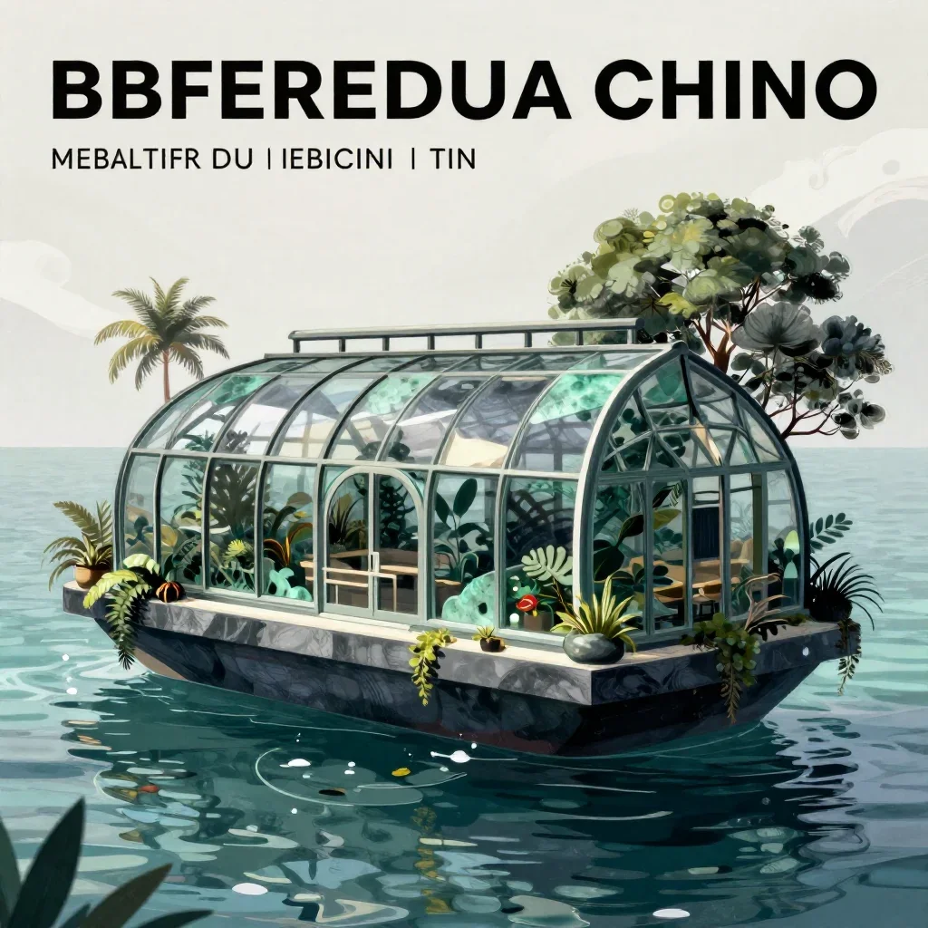 a floating botanical conservatory in a gentle sea breeze, modernist poster illustration, clean natural textures, jade an