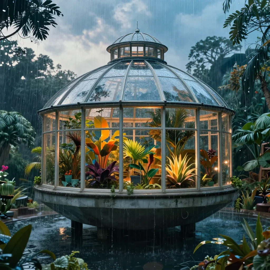 a floating botanical conservatory after warm summer rain, cinematic architectural photography, atmospheric depth, cobalt