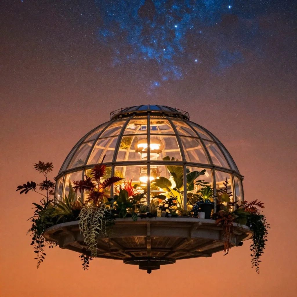a floating botanical conservatory beneath a star-filled sky, high-end design magazine photography, subtle film grain, oc